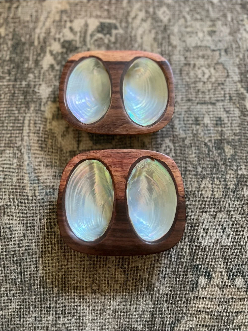 2 Vintage Mid-Century Monkey Pod Wood Double Salt Cellars Mother of Pearl Inlay